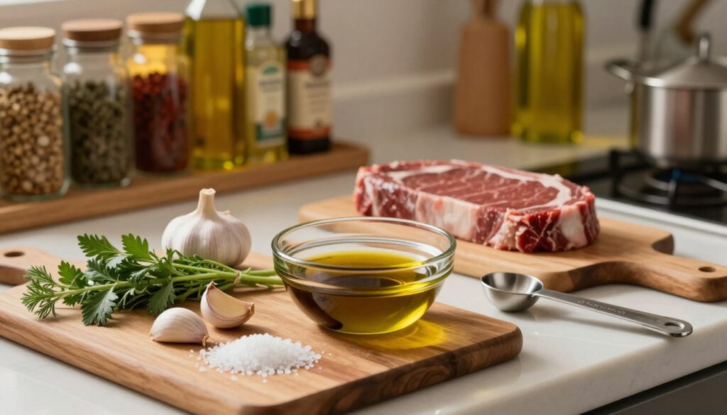 A beautifully arranged kitchen counter featuring a variety of ingredients for steak marinade preparation. In the foreground, a wooden cutting board with fresh herbs, garlic cloves, and coarse sea salt. A glass bowl in the center, filled with golden olive oil, dark balsamic vinegar, and a dash of soy sauce, surrounded by measuring spoons and a whisk. The middle section showcases a well-marbled steak, ready for marination. In the background, soft-focus shelves lined with spices and oils, with warm, inviting lighting that creates a cozy atmosphere. The scene captures a sense of culinary finesse and preparation, inviting the viewer to explore the art of steak marinating.