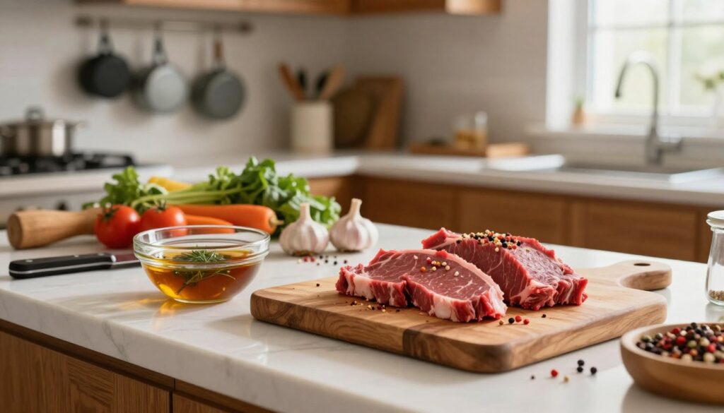 A beautifully arranged kitchen counter featuring the preparation of beef for marinating. In the foreground, a wooden cutting board holds slices of fresh beef, sprinkled with a mix of colorful spices. Next to it, a small bowl of marinade simmers with herbs and oil. The middle ground showcases utensils like a knife, garlic, and fresh vegetables, adding vibrancy to the scene. The background reveals a softly lit kitchen with warm wooden cabinets and hanging pots, creating a cozy culinary atmosphere. Soft, natural light filters in from a window, enhancing the textures of the ingredients. The overall mood is inviting and warm, perfect for showcasing meal preparation.
