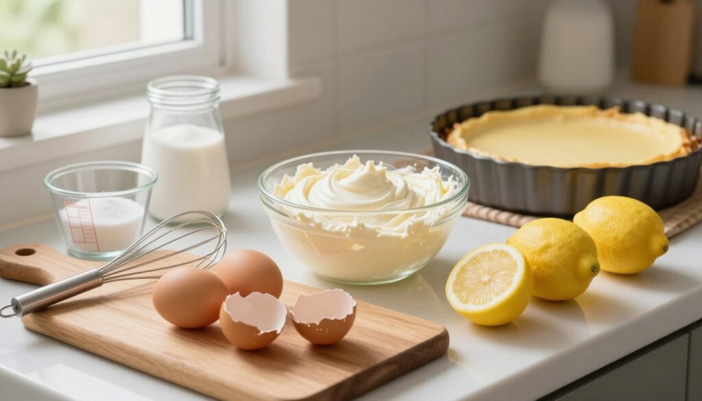 A beautifully arranged kitchen counter filled with essential baking ingredients for a cheesecake, such as cream cheese, eggs, sugar, and fresh lemons. In the foreground, a wooden cutting board displays cracked eggs and a zesty lemon, with a whisk and measuring cups neatly placed beside them. In the middle ground, a bowl filled with creamy cheese is ready to be mixed, alongside a baking dish that hints at the cheesecake's shape. The background features soft, natural lighting pouring in from a window, illuminating the entire scene and creating a warm atmosphere. The overall mood is inviting and inspiring, showcasing the organized prep work for baking, emphasizing the importance of bringing ingredients to room temperature. A beautifully arranged kitchen counter filled with essential baking ingredients for a cheesecake, such as cream cheese, eggs, sugar, and fresh lemons. In the foreground, a wooden cutting board displays cracked eggs and a zesty lemon, with a whisk and measuring cups neatly placed beside them. In the middle ground, a bowl filled with creamy cheese is ready to be mixed, alongside a baking dish that hints at the cheesecake's shape. The background features soft, natural lighting pouring in from a window, illuminating the entire scene and creating a warm atmosphere. The overall mood is inviting and inspiring, showcasing the organized prep work for baking, emphasizing the importance of bringing ingredients to room temperature.