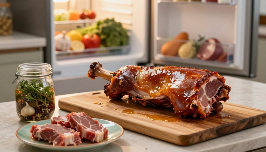 A beautifully arranged kitchen counter showcasing an array of marinated wild game, focusing on a beautifully glazed piece of marinated wild boar. In the foreground, a glass jar filled with marinade ingredients like fresh herbs, garlic, and spices sits beside a vibrant plate of the marinated meat. The middle ground features a wooden cutting board, lightly used with droplets of marinade glistening in the warm light. In the background, a well-organized refrigerator door opens slightly, revealing various fresh ingredients inside. Soft, warm lighting creates a cozy atmosphere, highlighting the richness of the marinated meat, suggesting the ideal time for marination. The overall mood is inviting, emphasizing the culinary artistry of marinating wild game.