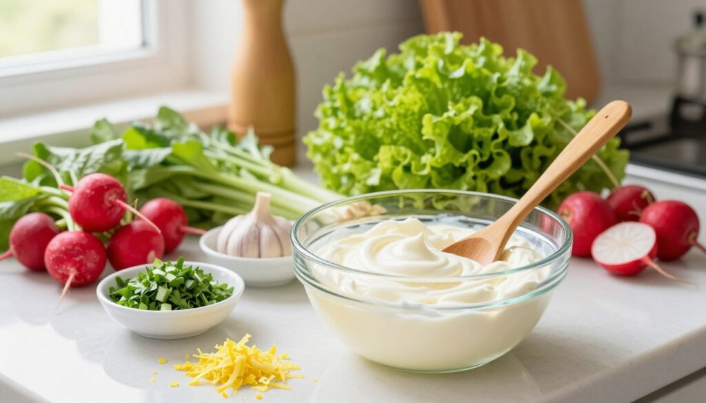 A beautifully arranged kitchen countertop displays the step-by-step process of creating a creamy sauce. In the foreground, a glass bowl filled with freshly whipped sour cream accompanied by a wooden spoon. The middle layer showcases ingredients like finely chopped herbs, garlic, and lemon zest, neatly placed in small bowls. A vibrant array of fresh vegetables, such as radishes and lettuce, is arranged around the bowl, hinting at the salad the dressing will complement. The background features softly blurred kitchen utensils and a bright window letting in natural light, creating an inviting atmosphere. The image is bright, with warm lighting that highlights the freshness of the ingredients, giving a wholesome and inviting feel perfect for a practical cooking guide.
