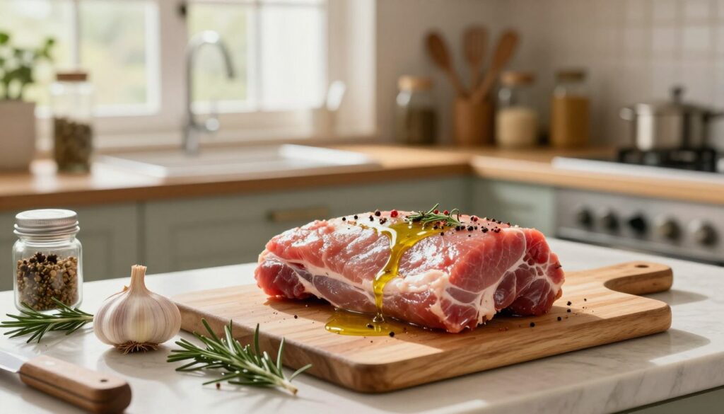 A beautifully arranged kitchen countertop featuring a bowl of vibrant marinated pork loin, glistening with spices and herbs. In the foreground, a wooden cutting board holds freshly chopped garlic, rosemary, and other ingredients ready for the marinade. The middle layer showcases the marinated meat adorned with a drizzle of olive oil, while cooking utensils and a small jar of seasoning add to the scene. The background features warm, natural lighting streaming in through a window, highlighting the rustic kitchen ambiance, with soft-focus on shelves lined with jars and spices. The atmosphere is inviting and homely, reflecting the art of marinating pork for tenderness and flavor.