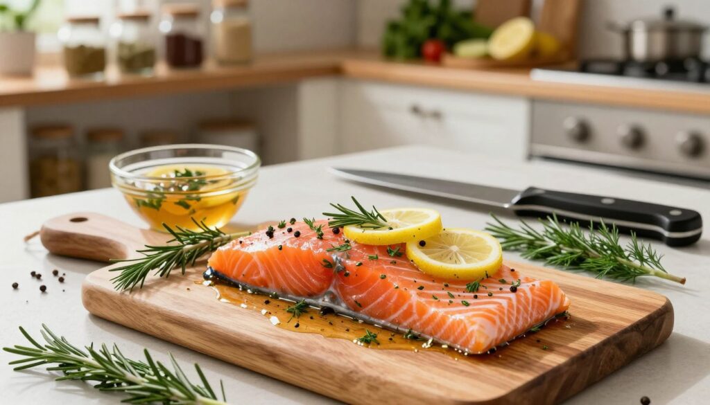 A beautifully arranged kitchen countertop featuring a fresh salmon fillet marinated in a vibrant mixture of herbs, lemon slices, and spices. In the foreground, a wooden cutting board holds the marinated salmon, glistening with a light sheen from the marinade. Sprigs of dill and rosemary are artistically scattered around, enhancing the presentation. The middle ground showcases tools like a sharp knife and a small bowl of the marinade, emphasizing the cooking process. In the background, a well-lit kitchen with rustic shelves filled with spices and fresh ingredients creates a warm, inviting atmosphere. Soft, natural lighting highlights the freshness of the ingredients, while a shallow depth of field focuses on the salmon, conveying a sense of culinary elegance and home-cooked warmth.