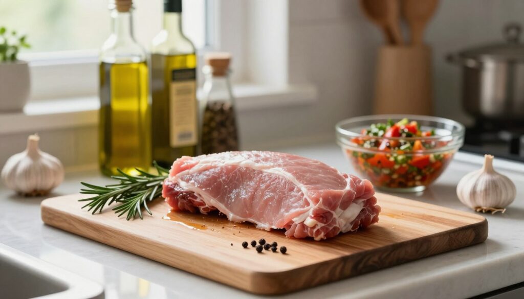 A beautifully arranged kitchen countertop featuring a preparation scene for marinating pork tenderloin. In the foreground, a shiny, clean cutting board holds a fresh piece of pork, trimmed and ready for marination, surrounded by various spices and herbs like rosemary, garlic, and black peppercorns. The middle section includes an array of condiments such as olive oil, vinegar, and a bowl with a vibrant marinade mixture. In the background, hints of kitchen utensils and a soft-focus view of a bright window allow natural light to filter in, creating a warm and inviting atmosphere. The composition should convey a sense of culinary artistry, emphasizing the delicate preparation of meat, with attention to detail in texture and color. A beautifully arranged kitchen countertop featuring a preparation scene for marinating pork tenderloin. In the foreground, a shiny, clean cutting board holds a fresh piece of pork, trimmed and ready for marination, surrounded by various spices and herbs like rosemary, garlic, and black peppercorns. The middle section includes an array of condiments such as olive oil, vinegar, and a bowl with a vibrant marinade mixture. In the background, hints of kitchen utensils and a soft-focus view of a bright window allow natural light to filter in, creating a warm and inviting atmosphere. The composition should convey a sense of culinary artistry, emphasizing the delicate preparation of meat, with attention to detail in texture and color.