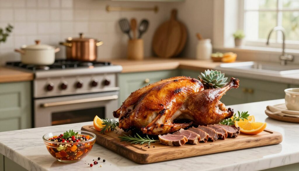 A beautifully arranged kitchen countertop featuring a succulent roasted goose as the centerpiece, perfectly golden-brown with crisp skin, garnished with fresh herbs and citrus fruits. In the foreground, a rustic wooden cutting board with slices of juicy meat and a small bowl of aromatic marinade, showcasing vibrant spices and herbs. In the middle ground, a traditional oven in a beautifully rustic kitchen, with warm lights casting a cozy glow, surrounded by cooking utensils and pots. The background features soft-focus elements like a window with natural light streaming in, creating a warm, inviting atmosphere. The scene captures the essence of a perfect roast, evoking feelings of comfort and culinary mastery, ideal for achieving the perfect juiciness.