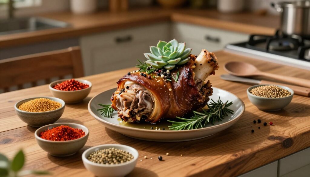 A beautifully arranged kitchen countertop featuring a succulent, roasted pork knuckle (golonka) as the central focus. The golonka is garnished with fresh herbs and spices such as rosemary, garlic, and peppercorns, highlighting the importance of marination. Surrounding the dish are small bowls filled with an array of vibrant spices, including paprika and mustard seeds, reflecting the concept of marinade. The lighting is warm and inviting, casting soft shadows that enhance the textures of the meat and spices. In the background, a rustic wooden table sets a cozy atmosphere, with kitchen utensils subtly placed to evoke a sense of home cooking. The composition is shot from a slightly elevated angle, emphasizing the contrast between the rich colors of the food and the earthy tones of the kitchen environment, evoking a warm and appetizing ambiance.