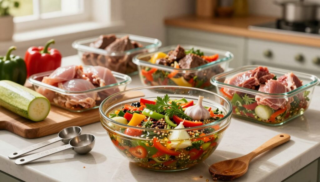 A beautifully arranged kitchen countertop featuring a universal marinade for meats and vegetables. In the foreground, a glass bowl brimming with a vibrant, mixed marinade consisting of herbs, spices, and bright-colored vegetables such as garlic, peppers, and onions. A set of measuring spoons and a wooden spoon with marinade drips adds detail. In the middle, various cuts of meat (chicken, beef, and pork) marinating in glass containers, with fresh vegetables like zucchini and bell peppers alongside. The background includes a softly lit kitchen setting, with warm light illuminating the scene from a window, creating a cozy atmosphere. The angle is slightly above eye level, capturing the rich textures and colors of the marinade and ingredients in an inviting, appetizing composition.