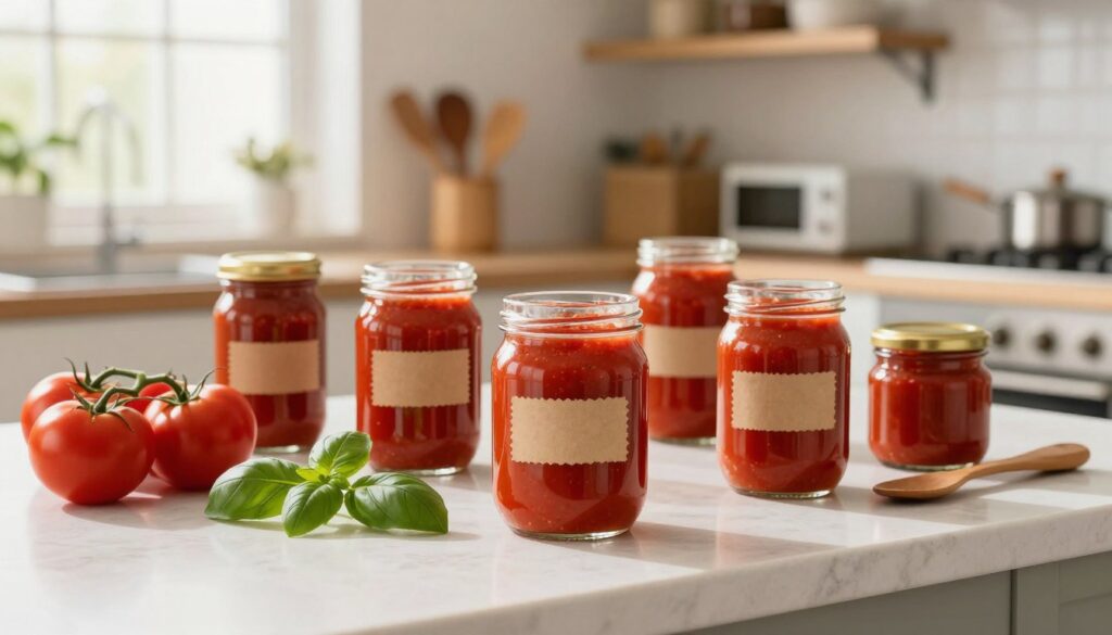 A beautifully arranged kitchen countertop featuring gleaming glass jars (słoiki) filled with vibrant homemade tomato sauce. In the foreground, focus on several colorful jars, some open with reflective surfaces displaying the rich, red sauce inside, adorned with simple, rustic labels. The middle ground shows fresh tomatoes, basil leaves, and wooden utensils arranged artfully, emphasizing a sense of fresh ingredients and preparation. The background reveals a clean kitchen with modern appliances and organized shelves, promoting a hygienic atmosphere. Warm, diffused natural light streams in through a window, creating a cozy and inviting mood. The image captures the essence of safety and cleanliness in food preparation, ideal for showcasing the importance of hygiene in cooking.