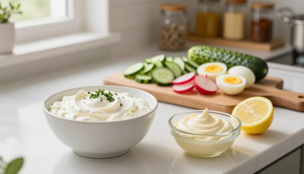 A beautifully arranged kitchen countertop featuring key ingredients for a creamy sour cream dressing. In the foreground, a bowl of fresh, thick sour cream topped with a sprinkle of fresh herbs, alongside a small dish of mayonnaise and a squeeze of lemon. The middle ground shows a wooden cutting board with chopped vegetables like cucumbers, radishes, and boiled eggs, all vibrant and fresh. The background features softly blurred kitchen shelves filled with spices and cooking utensils. Soft, natural lighting streams in from a nearby window, creating a warm and inviting atmosphere. The camera angle is slightly above the countertop, capturing the inviting essence of a culinary creation process.