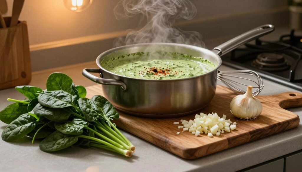 A beautifully arranged kitchen countertop featuring the essential ingredients for a creamy spinach sauce. In the foreground, a vibrant bunch of fresh spinach lies next to a wooden cutting board with minced garlic and finely chopped onions, creating a sense of preparation. In the middle ground, a saucepan with creamy sauce gently simmering, with steam rising, revealing a luscious green color infused with spices. A whisk rests beside the pan, hinting at the preparation process. The background showcases a rustic kitchen setting with warm ambient lighting, casting soft shadows that enhance the cozy atmosphere. The focal point is on the mouth-watering sauce, inviting viewers to envision a delicious meal, with a sense of warmth and simplicity that aligns with the art of cooking.