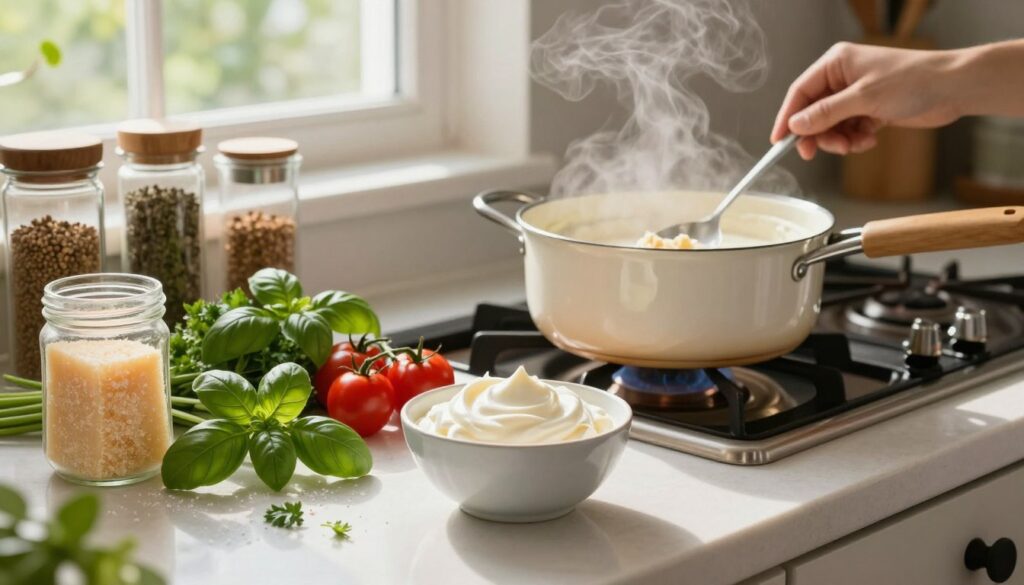A beautifully arranged kitchen countertop, showcasing a variety of fresh ingredients to enhance a creamy pasta sauce. In the foreground, a small bowl of whipped cream glistens beside a jar of grated Parmesan cheese, a handful of herbs like basil and parsley, and vibrant cherry tomatoes. In the middle, a pot of simmering white sauce sits on the stove, steam rising, with a spoon stirring in additional ingredients. The background features neatly arranged spices in glass containers, a light-filled kitchen window with greenery outside, and soft sunlight illuminating the scene. The atmosphere feels warm and inviting, suggesting a home-cooked meal. The depth of field emphasizes the ingredients, creating an intimate culinary moment.