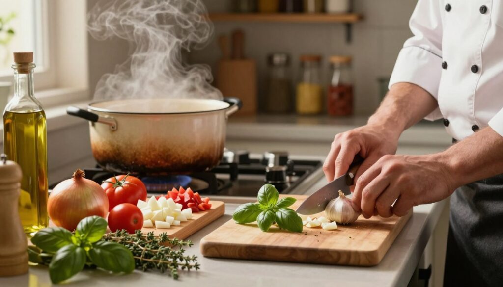 A beautifully arranged kitchen countertop showcasing the techniques of creating a delicious flavor base. In the foreground, a chef in professional attire expertly slices fresh garlic and herbs, with vibrant green basil and thyme prominently displayed. In the middle, a cutting board holds an assortment of essential ingredients like diced onions, tomatoes, and olive oil, glistening under warm, inviting kitchen lighting. A rustic pot simmers on the stove, releasing aromatic steam that enhances the cozy atmosphere. In the background, softly blurred kitchen shelves are filled with various spices, presenting a functional yet aesthetically pleasing environment. The overall mood is inviting and warm, capturing the essence of home-cooked simplicity and flavor mastery. The scene is illuminated with soft, natural light, emphasizing the freshness and vibrancy of the ingredients.
