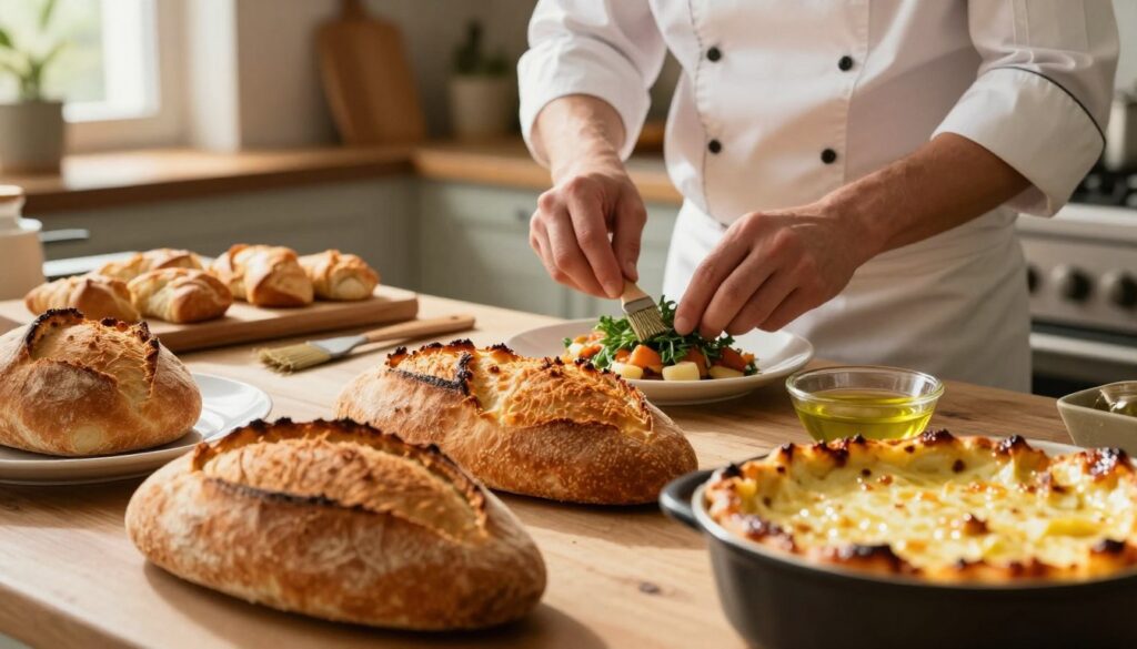 A beautifully arranged kitchen countertop showcasing various techniques for achieving a crispy crust on baked dishes. In the foreground, a close-up of golden-brown baked goods with a crunchy texture, including a crusty bread loaf and a cheesy casserole bubbling at the edges. In the middle, a chef in professional attire artfully garnishing a dish with fresh herbs, while other tools like a pastry brush and a small bowl of olive oil are visible. The background features a warm, rustic kitchen setting with natural light streaming through a window, casting a soft glow on the scene. The atmosphere conveys warmth, comfort, and culinary expertise, inviting viewers into the art of achieving the perfect crispy crust.