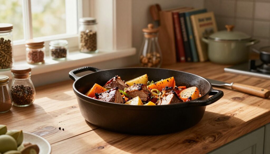 A beautifully arranged kitchen scene featuring a classic, elegant brytfanna made of shiny cast iron, resting on a rustic wooden countertop. In the foreground, the brytfanna is filled with colorful, seasoned meats and vegetables, ready for roasting. The middle ground showcases a vibrant array of kitchen tools and spices, with warm sunlight streaming through a window, creating a soft glow. In the background, shelves filled with cookbooks and pots hint at a cozy, inviting atmosphere. The overall mood is warm and homely, capturing the essence of traditional cooking. The composition is shot from a slightly elevated angle, emphasizing the delicious contents of the brytfanna while highlighting its robust texture and timeless design.