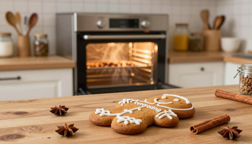 A beautifully arranged kitchen scene featuring a golden-brown "termoobieg piernik" (gingerbread) placed prominently on a rustic wooden table in the foreground. The gingerbread is adorned with delicate white icing patterns and seasonal spices like star anise and cinnamon sticks surrounding it. In the middle ground, an elegant oven with visible heat waves emitting from it, showcasing the concept of convection baking, with a bright, warm light illuminating the scene. The background contains shelves filled with various baking ingredients, jars of spices, and baking tools, creating an inviting atmosphere. The scene should be well-lit with soft, warm lighting to evoke a cozy and productive baking mood, shot from a slightly elevated angle to capture all elements harmoniously. A beautifully arranged kitchen scene featuring a golden-brown "termoobieg piernik" (gingerbread) placed prominently on a rustic wooden table in the foreground. The gingerbread is adorned with delicate white icing patterns and seasonal spices like star anise and cinnamon sticks surrounding it. In the middle ground, an elegant oven with visible heat waves emitting from it, showcasing the concept of convection baking, with a bright, warm light illuminating the scene. The background contains shelves filled with various baking ingredients, jars of spices, and baking tools, creating an inviting atmosphere. The scene should be well-lit with soft, warm lighting to evoke a cozy and productive baking mood, shot from a slightly elevated angle to capture all elements harmoniously.