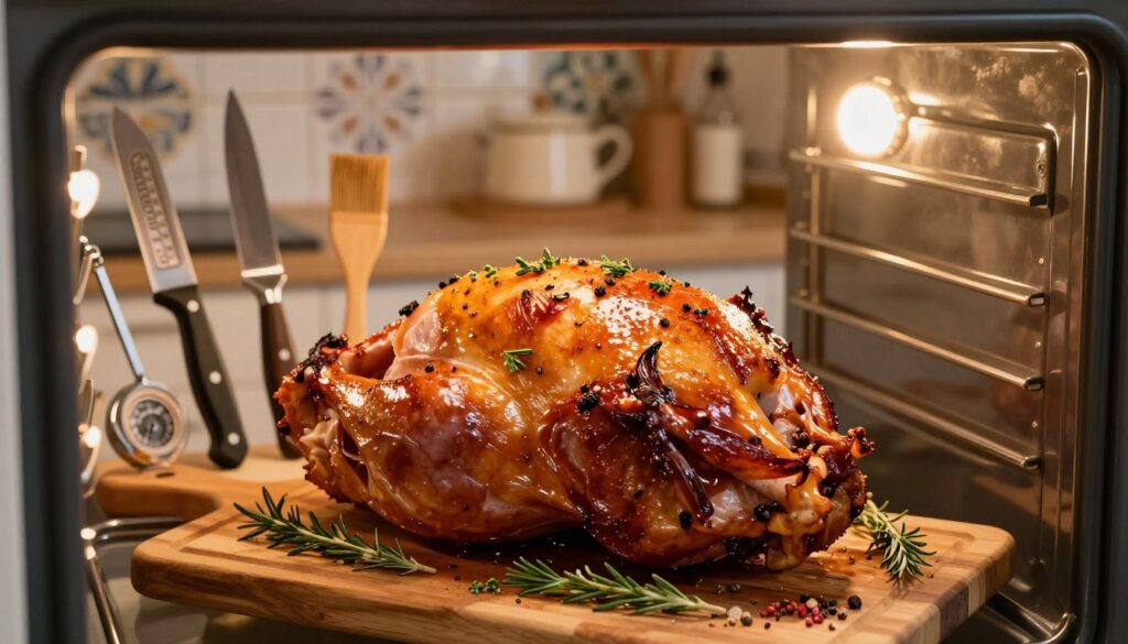 A beautifully arranged kitchen scene featuring a roasted ham in an oven, showcasing various baking techniques. In the foreground, a golden-brown ham glistens under the warm oven light, garnished with fresh herbs and spices, and resting on a wooden cutting board. In the middle ground, kitchen tools like a carving knife, meat thermometer, and marinade brush are neatly organized, emphasizing the preparation process. The background includes a stylish kitchen with decorative tiles and soft ambient lighting, creating a warm, inviting atmosphere. The scene is captured from a close angle, focusing on the details of the ham and tools, invoking a cozy and homely mood.
