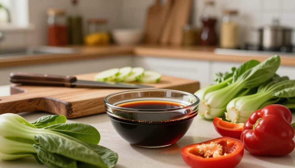 A beautifully arranged kitchen scene featuring a small glass bowl of rich, dark soy sauce as the focal point in the foreground. Surrounding the bowl, a selection of fresh vegetables like vibrant green bok choy and vivid red bell peppers, ready for stir-fry or dipping. In the middle ground, a rustic wooden cutting board with a knife and some sliced ingredients, and a softly blurred out backdrop of a cozy kitchen with warm lighting, highlighting shelves filled with various spices and ingredients. The atmosphere feels inviting and aromatic, perfect for culinary creativity. The image should be captured with a shallow depth of field, enhancing the details of the soy sauce while subtly softening the background elements, creating a warm, homey ambiance.