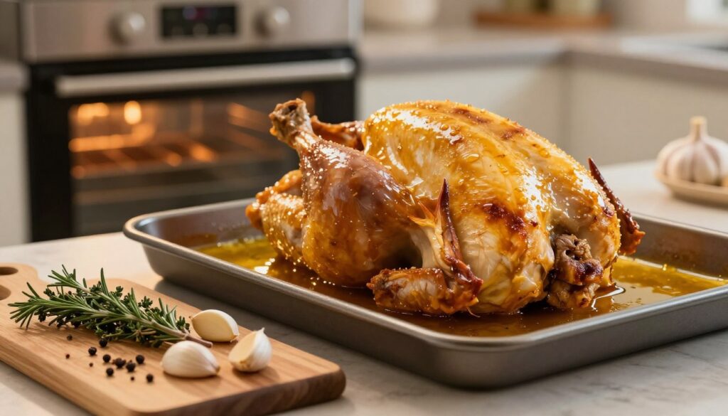 A beautifully arranged kitchen scene featuring a whole roasted chicken in a golden marinade, glistening under warm, inviting light. In the foreground, a wooden cutting board holds fresh herbs and spices used for seasoning, showcasing thyme, rosemary, and garlic cloves. In the middle, the chicken is poised on a baking tray, with some juices pooling around it, highlighting its succulent texture. The background features a softly glowing oven with visible controls, enhancing the cooking atmosphere. The image is taken from a slightly elevated angle to capture both the chicken and the surrounding ingredients. The overall mood is warm and inviting, conveying a sense of comfort and delicious anticipation, perfect for illustrating the techniques of roasting chicken to achieve juiciness.