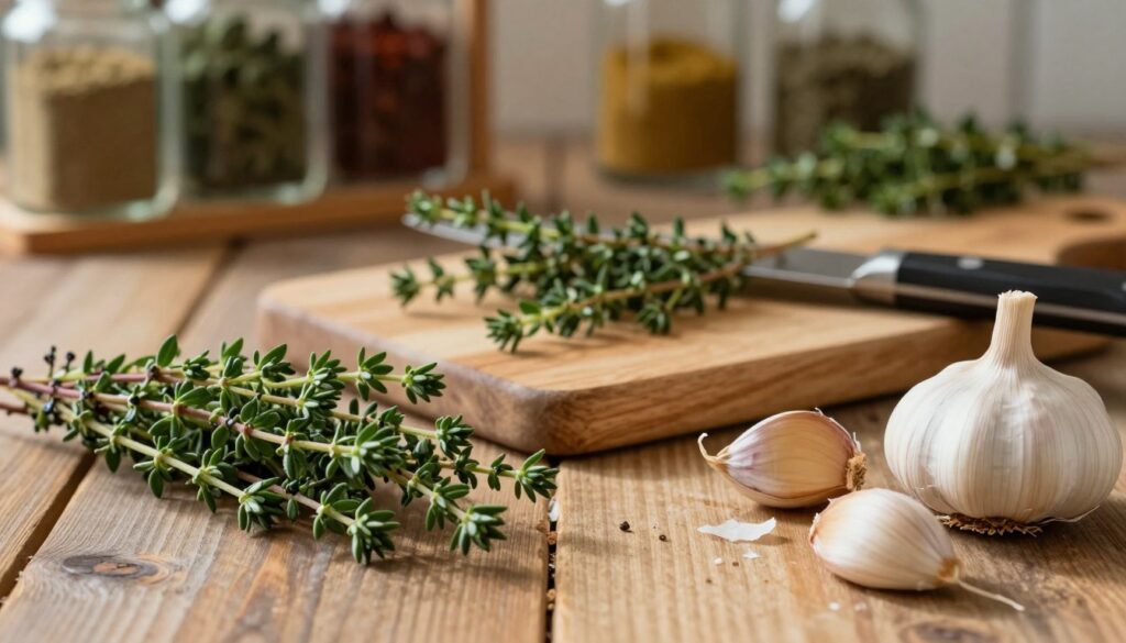 A beautifully arranged kitchen scene featuring fresh thyme and garlic on a rustic wooden table. In the foreground, vibrant sprigs of thyme, with tiny green leaves glistening in the soft, natural light, are artfully placed next to several cloves of garlic, their papery skins partially peeled to reveal the white, plump bulbs. In the middle, a cutting board displays a few sprigs of thyme being chopped, with a knife resting nearby. The background features blurred shelves filled with various spices and herbs, adding warmth to the scene. The lighting is warm and inviting, casting gentle shadows, creating a cozy atmosphere that emphasizes the theme of cooking and flavor. The overall mood is fresh, earthy, and inspiring, perfect for a culinary context.