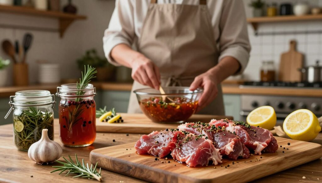 A beautifully arranged kitchen scene featuring the art of marinating venison. In the foreground, a wooden cutting board displays marinated pieces of venison, coated with a rich blend of herbs and spices, glistening under soft, warm lighting. Nearby, rustic jars filled with vibrant marinades—garlic, rosemary, and juniper berries—add color and interest. In the middle ground, a chef in modest casual clothing carefully prepares a marinade, focused on the process, surrounded by fresh ingredients like lemons and thyme. In the background, the kitchen is cozy and inviting, with shelves lined with cooking utensils and spices, creating a warm atmosphere. The lighting is soft and inviting, enhancing the earthy colors of the ingredients, conveying a sense of culinary craftsmanship and devotion to flavor.