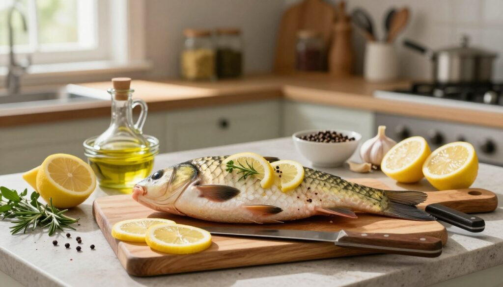 A beautifully arranged kitchen scene featuring the preparation of carp for marinating. In the foreground, a fresh, whole carp is displayed on a wooden cutting board, surrounded by vibrant ingredients like sliced lemons, herbs, and spices. A sharp knife rests beside the fish, hinting at the beginning of the marinating process. In the middle, a rustic kitchen countertop with bowls of marinade ingredients, such as olive oil, garlic, and black pepper, provides a warm, inviting atmosphere. The background shows soft-focus shelves with jars of spices and cooking utensils. Natural light streams in from a window, creating gentle shadows and a cozy ambiance. The overall mood is tranquil and culinary, celebrating the art of fish preparation for a delicious dish.
