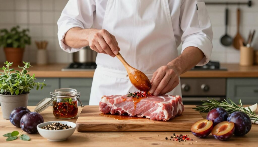 A beautifully arranged kitchen scene focused on the preparation of marinated pork. In the foreground, a large wooden cutting board displays a succulent piece of pork loin, surrounded by bowls of vibrant spices, and fresh, ripe plums sliced open to reveal their deep purple flesh. A small, open jar of marinade with herbs and spices is nearby. In the middle, a chef wearing a neatly pressed white apron and a shirt, shows careful attention as they mix the marinade with a wooden spoon. The background features a cozy kitchen atmosphere with warm lighting, herbs in pots, and kitchen tools hanging on the walls. The scene emanates warmth and the inviting aroma of spice, highlighting both the meticulous preparation process and the fusion of sweet and savory flavors.
