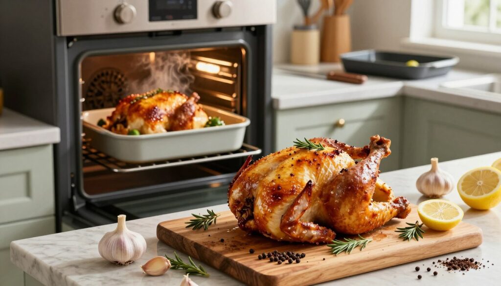 A beautifully arranged kitchen scene focused on various techniques for roasting chicken in an oven. In the foreground, a perfectly roasted chicken, golden brown and garnished with fresh herbs, sits on a rustic wooden cutting board. Vivid spices and marinade ingredients like garlic, lemon, and pepper are artfully scattered around. In the middle ground, an open oven reveals a baking dish with another chicken, steam rising, showcasing the cooking process. The background features kitchen utensils, like a carving knife and roasting pan, on a stylish countertop. Soft, warm lighting enhances the cozy, inviting atmosphere, while natural light streams through a nearby window, casting gentle shadows. The camera angle is slightly tilted down to emphasize both the delicious dish and the cooking techniques displayed.