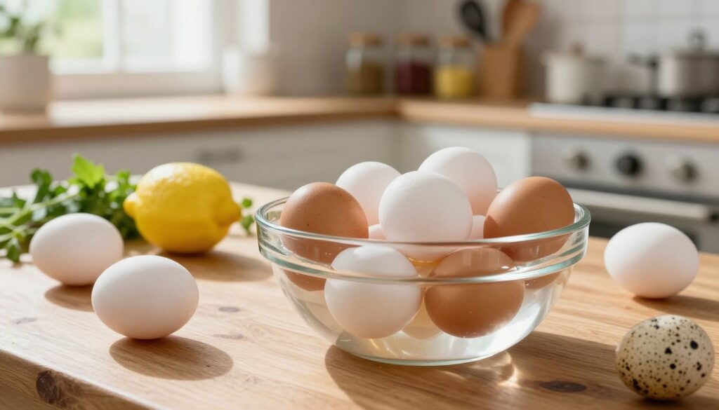 A beautifully arranged kitchen scene focusing on the freshness of eggs. In the foreground, a clear bowl filled with water contains different eggs, some are floating while others sink, visually illustrating their freshness. The eggs are of varying sizes and colors, including white, brown, and speckled. In the middle ground, a wooden table with a rustic texture is adorned with fresh herbs and a bright lemon, adding a vibrant splash of color. The background features a softly lit kitchen with open shelves displaying jars of spices and utensils, enhancing the domestic atmosphere. Natural light streams in through a window, casting gentle shadows that create a warm, inviting mood. The composition suggests a sense of home and culinary exploration while focusing on the theme of freshness and eggs. A beautifully arranged kitchen scene focusing on the freshness of eggs. In the foreground, a clear bowl filled with water contains different eggs, some are floating while others sink, visually illustrating their freshness. The eggs are of varying sizes and colors, including white, brown, and speckled. In the middle ground, a wooden table with a rustic texture is adorned with fresh herbs and a bright lemon, adding a vibrant splash of color. The background features a softly lit kitchen with open shelves displaying jars of spices and utensils, enhancing the domestic atmosphere. Natural light streams in through a window, casting gentle shadows that create a warm, inviting mood. The composition suggests a sense of home and culinary exploration while focusing on the theme of freshness and eggs.