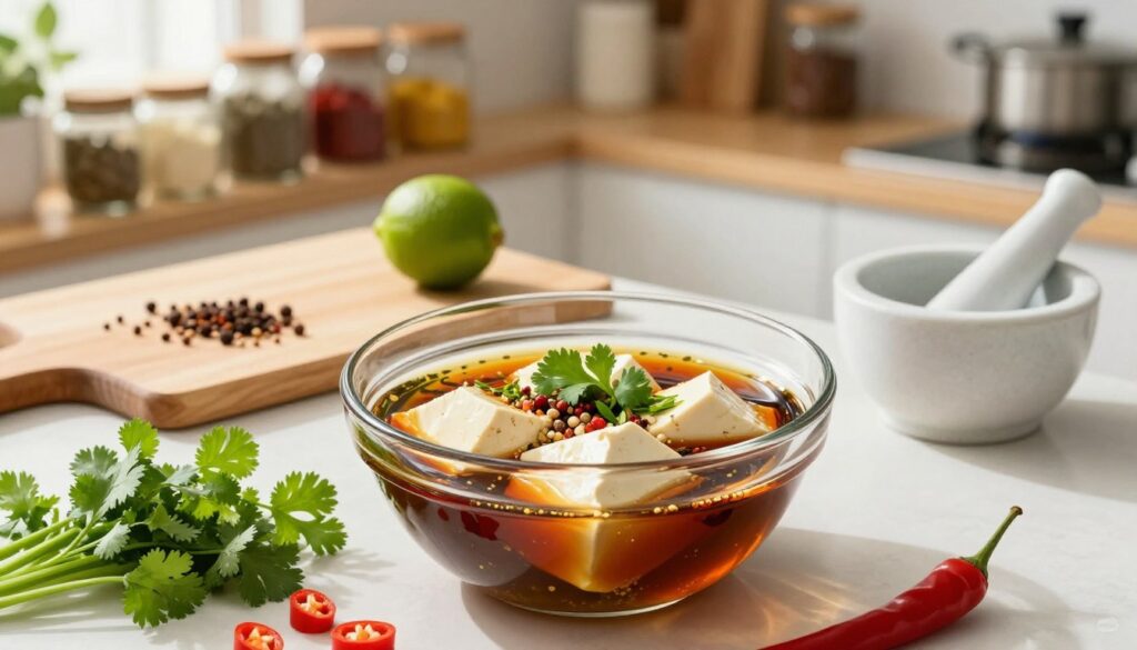 A beautifully arranged kitchen scene focusing on the marination process of tofu. In the foreground, a glass bowl filled with silken tofu, submerged in a colorful marinade of soy sauce, garlic, herbs, and spices. Surrounding the bowl, fresh ingredients like chopped cilantro, sliced chili peppers, and a small mortar and pestle. The middle ground features a wooden cutting board with scattered spices and a bright green lime, suggesting the infusion of flavor. The background reveals a soft-focus kitchen shelf filled with jars of spices and cookware. Warm natural light filters through a nearby window, creating a cozy and inviting atmosphere. The angle is slightly overhead to emphasize the textures of the ingredients and the tantalizing colors of the marinade.