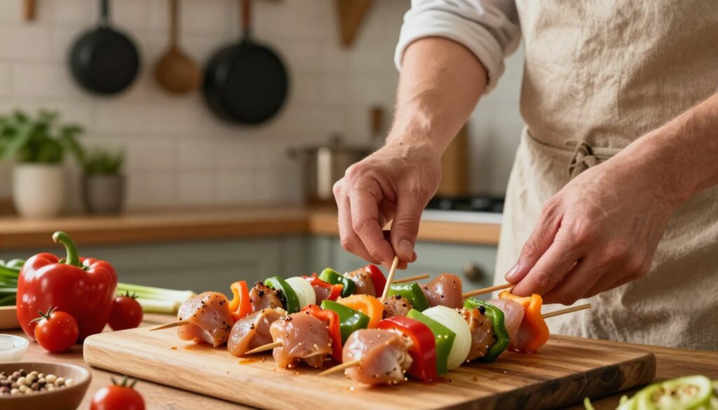 A beautifully arranged kitchen scene, focusing on the preparation of marinated chicken skewers. In the foreground, a cutting board with pieces of marinated chicken and vibrant vegetables like bell peppers, onions, and cherry tomatoes, ready for skewering. The middle shows hands in modest casual attire skillfully threading the ingredients onto skewers, emphasizing attention to detail. In the background, a rustic kitchen with warm lighting, pots hanging above, and herbs in small pots on a shelf, creating a cozy atmosphere. The image captures a sense of culinary creativity and the joy of preparing colorful dishes for grilling, with soft natural light illuminating the vibrant colors of the ingredients. A beautifully arranged kitchen scene, focusing on the preparation of marinated chicken skewers. In the foreground, a cutting board with pieces of marinated chicken and vibrant vegetables like bell peppers, onions, and cherry tomatoes, ready for skewering. The middle shows hands in modest casual attire skillfully threading the ingredients onto skewers, emphasizing attention to detail. In the background, a rustic kitchen with warm lighting, pots hanging above, and herbs in small pots on a shelf, creating a cozy atmosphere. The image captures a sense of culinary creativity and the joy of preparing colorful dishes for grilling, with soft natural light illuminating the vibrant colors of the ingredients.