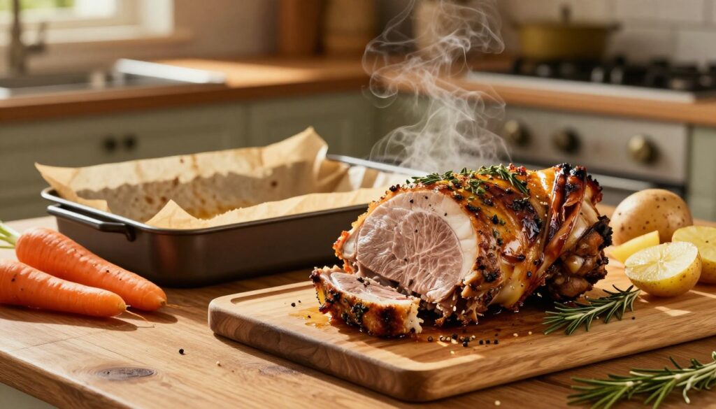 A beautifully arranged kitchen scene showcasing a savory roasted pork shoulder, known as "pieczenia", emanating a warm, inviting aroma. In the foreground, a seasoned pork cut marinated with herbs and spices rests on a wooden cutting board alongside fresh vegetables like carrots and potatoes, ready for roasting. In the middle, a roasting pan and a parchment paper roasting sleeve are positioned, highlighting the proper tools for cooking. The background features a cozy kitchen setting with soft, golden lighting illuminating the scene, casting gentle shadows and emphasizing the texture of the meat. A rustic wooden table adds warmth, while the atmosphere feels homely and filled with the anticipation of a delicious meal.