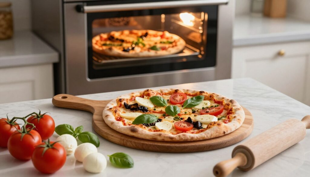 A beautifully arranged kitchen scene, showcasing a variety of pizza ingredients like fresh tomatoes, mozzarella cheese, basil leaves, and a rolling pin, strategically placed in the foreground. In the middle, a wooden pizza peel supports a half-baked, golden crust pizza with an array of toppings, emphasizing how different ingredients impact baking time. The background features a modern oven with a glass door, through which a colorful pizza emerges, highlighting the ideal browning associated with high baking temperatures. Soft, warm lighting bathes the scene, creating an inviting atmosphere, with a slight focus blur on the background for depth. Aerial perspective enhances the composition, showcasing the interplay of ingredients and cooking processes involved in achieving a perfect, crispy pizza crust.