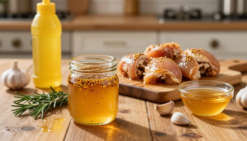 A beautifully arranged kitchen scene showcasing a vibrant "honey-mustard marinade" prepared for marinating chicken. In the foreground, a glass jar filled with the golden marinade, glistening with a hint of mustard seeds and flecks of herbs. Surrounding the jar are fresh ingredients: a bright yellow mustard bottle, a small bowl of golden honey, a few sprigs of rosemary, and whole garlic cloves, adding color and texture. In the middle, a wooden cutting board displays marinated chicken pieces, glossy and appetizing, ready for baking. The background features a warm, inviting kitchen with soft, ambient lighting, enhancing the golden hues of the marinade. A rustic wooden table with subtle reflections adds depth, creating a cozy, engaging atmosphere that evokes a sense of culinary warmth and passion.