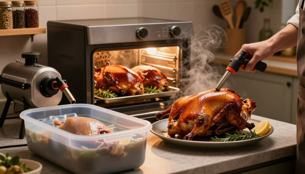 A beautifully arranged kitchen scene showcasing alternative methods for cooking duck, featuring a whole duck being treated with various cooking techniques. In the foreground, a sous-vide water bath with a vacuum-sealed duck, an elegant culinary torch nearby, and a smoker placed on a countertop. In the middle, an oven displaying perfectly roasted ducks with crispy skins, emitting steam and garnished with herbs. The background reveals shelves stocked with spices and tools, bathed in warm, inviting light. The atmosphere is cozy and professional, hinting at culinary mastery, capturing the essence of innovative cooking methods for achieving tender, juicy meat. Shot with a shallow depth of field, focusing on the duck, accentuated by a soft glow. A beautifully arranged kitchen scene showcasing alternative methods for cooking duck, featuring a whole duck being treated with various cooking techniques. In the foreground, a sous-vide water bath with a vacuum-sealed duck, an elegant culinary torch nearby, and a smoker placed on a countertop. In the middle, an oven displaying perfectly roasted ducks with crispy skins, emitting steam and garnished with herbs. The background reveals shelves stocked with spices and tools, bathed in warm, inviting light. The atmosphere is cozy and professional, hinting at culinary mastery, capturing the essence of innovative cooking methods for achieving tender, juicy meat. Shot with a shallow depth of field, focusing on the duck, accentuated by a soft glow.