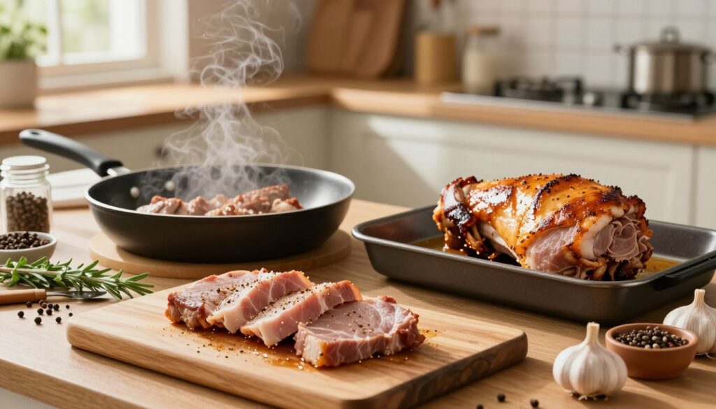 A beautifully arranged kitchen scene showcasing different methods of preparing pork loin. In the foreground, a wooden cutting board displays slices of marinated pork loin, glistening with seasoning. A pan with sizzling pork is placed to the side, releasing steam, while a roasting tray with a golden-brown pork loin sits prominently. In the middle ground, various cooking utensils and spices are artfully scattered—fresh herbs, garlic, and pepper—hinting at the marinating process. The background features a warm, inviting kitchen with soft, natural lighting filtering through a window, casting gentle shadows and highlighting the textures of the ingredients. The atmosphere conveys a homely, cozy feel, inspiring the viewer to explore the cooking methods for juicy pork loin.