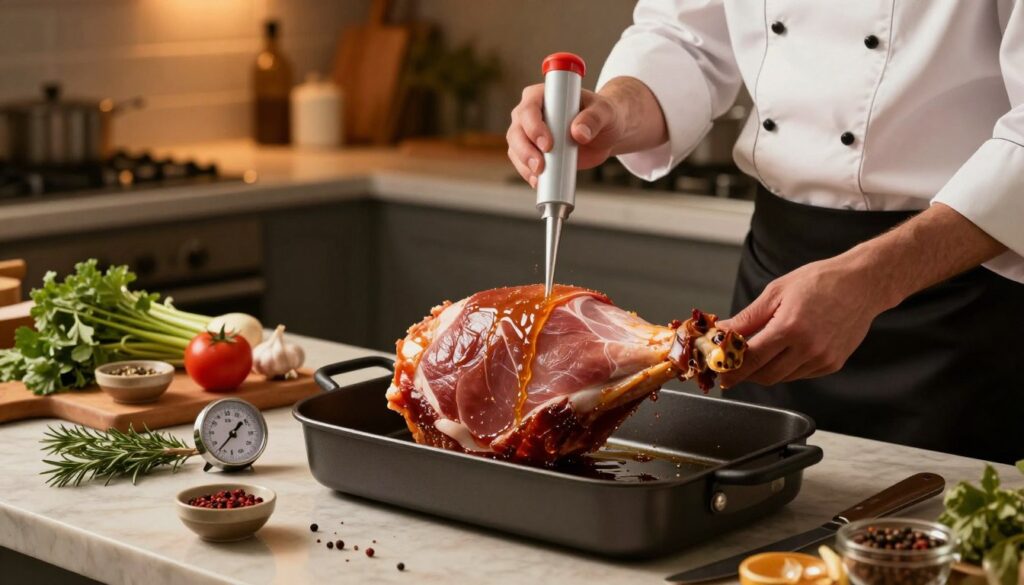 A beautifully arranged kitchen scene showcasing essential techniques to prevent meat drying, focusing on a succulent ham being carefully basted with a flavorful liquid in a roasting pan. In the foreground, a chef in professional attire, methodically using a baster, emphasizes precision and care. The middle ground features a variety of ingredients and tools, such as herbs, spices, and a meat thermometer, elegantly placed around the ham. The background reveals a warm, inviting kitchen with soft, ambient lighting, casting gentle shadows that highlight the textures of the ham and surrounding ingredients. The overall atmosphere is cozy and professional, evoking a sense of culinary mastery and the art of cooking.