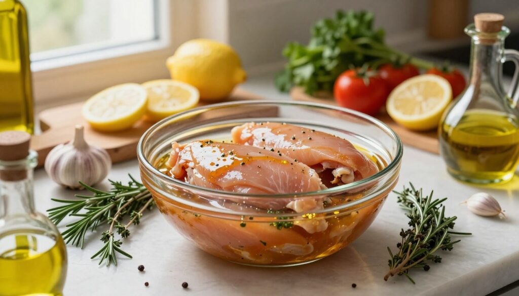 A beautifully arranged kitchen scene showcasing marinated chicken breasts in a glass bowl, surrounded by an array of fresh herbs and spices like thyme, rosemary, garlic, and olive oil. In the foreground, focus on the bowl with glistening chicken, emphasizing the marinade's rich colors. The middle ground features a wooden cutting board with sliced lemon and vibrant vegetables, adding a pop of color. In the background, soft, warm lighting filters through a nearby window, casting a cozy atmosphere over the scene. The shot is taken at a slightly elevated angle, capturing both the delicious marinating process and the inviting kitchen environment. A beautifully arranged kitchen scene showcasing marinated chicken breasts in a glass bowl, surrounded by an array of fresh herbs and spices like thyme, rosemary, garlic, and olive oil. In the foreground, focus on the bowl with glistening chicken, emphasizing the marinade's rich colors. The middle ground features a wooden cutting board with sliced lemon and vibrant vegetables, adding a pop of color. In the background, soft, warm lighting filters through a nearby window, casting a cozy atmosphere over the scene. The shot is taken at a slightly elevated angle, capturing both the delicious marinating process and the inviting kitchen environment.