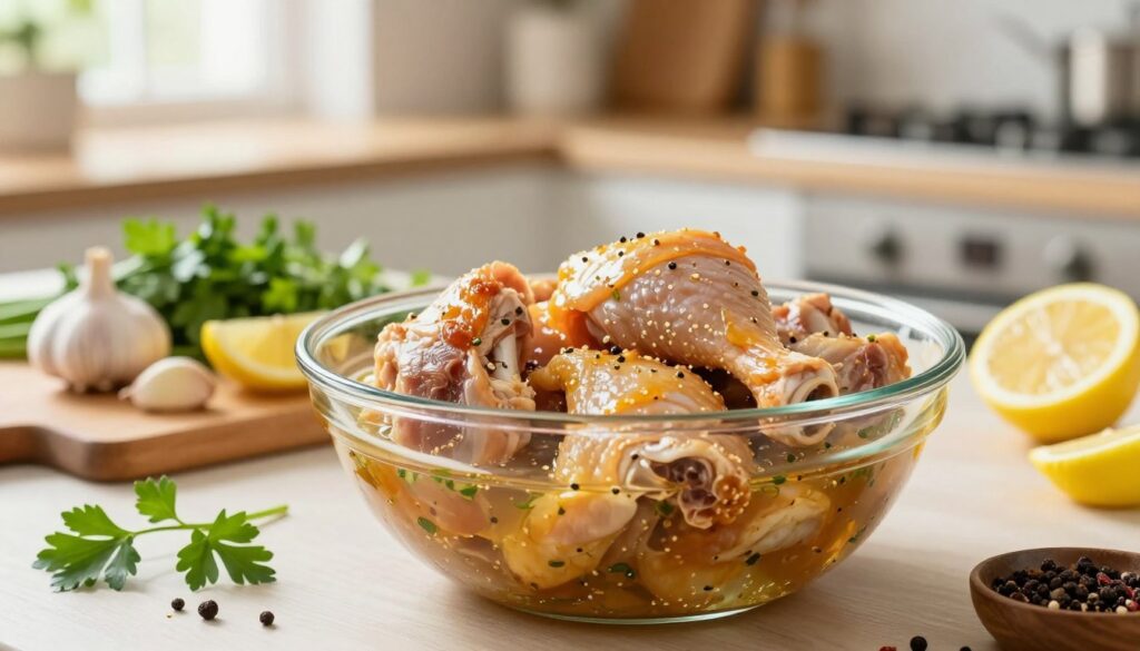 A beautifully arranged kitchen scene showcasing marinating chicken pieces in a glass bowl, surrounded by various herbs and spices. In the foreground, the focus is on the chicken, glistening with a savory marinade, pieces are bone-in and skin-on to emphasize the ideal preparation for roasting. In the middle ground, a cutting board hosts fresh garlic cloves, parsley, and lemon wedges, enhancing the vibrant colors and textures. The background features a softly blurred kitchen setting with warm, natural lighting pouring in through a window, creating an inviting and cozy atmosphere. Capture the essence of careful preparation and anticipation, suggesting the optimal time for marinating meat to enhance flavor and achieve a crispy skin. Use a shallow depth of field to bring the viewer’s eye to the marinating chicken.
