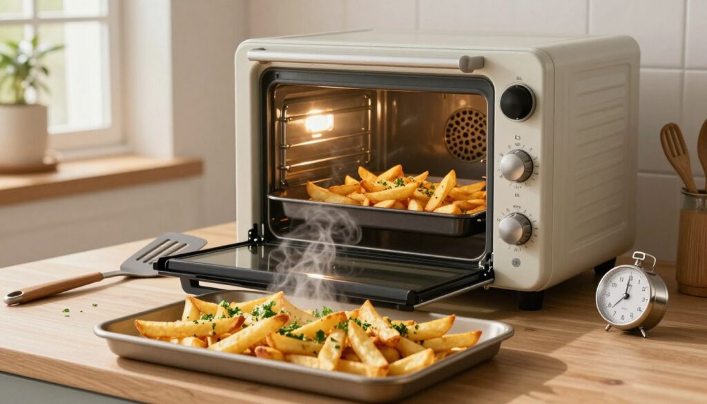 A beautifully arranged kitchen scene showcasing techniques for achieving evenly baked, crispy fries in the oven. In the foreground, a tray of golden-brown fries is garnished with fresh herbs, steaming and glistening under soft, warm lighting. In the middle, a high-quality oven with a transparent door reveals a perfectly cooked batch of fries, emphasizing even cooking. Various kitchen tools, like a spatula and a timer, are artfully placed around the oven, highlighting the preparation process. In the background, a cozy kitchen ambiance, with soft, natural light filtering through a window, enhances the inviting atmosphere. The overall mood is warm and homey, perfect for inspiring cooking enthusiasts. A beautifully arranged kitchen scene showcasing techniques for achieving evenly baked, crispy fries in the oven. In the foreground, a tray of golden-brown fries is garnished with fresh herbs, steaming and glistening under soft, warm lighting. In the middle, a high-quality oven with a transparent door reveals a perfectly cooked batch of fries, emphasizing even cooking. Various kitchen tools, like a spatula and a timer, are artfully placed around the oven, highlighting the preparation process. In the background, a cozy kitchen ambiance, with soft, natural light filtering through a window, enhances the inviting atmosphere. The overall mood is warm and homey, perfect for inspiring cooking enthusiasts.