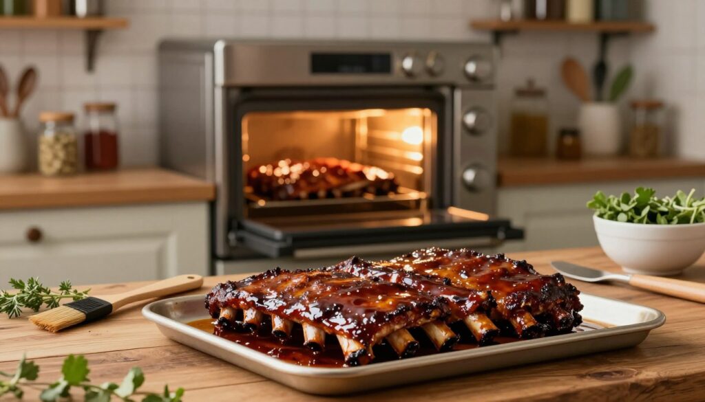 A beautifully arranged kitchen scene showcasing the art of baking ribs. In the foreground, a tray of perfectly glazed, succulent ribs, glistening with a rich, dark marinade, is positioned on a rustic wooden table. In the middle, a warm oven with its door slightly ajar, emitting a golden glow that highlights the ribs. Surrounding the oven, essential cooking utensils like a basting brush and a bowl filled with fresh herbs are artfully placed. The background features softly blurred shelves stocked with spices and kitchenware, creating a homey ambiance. The lighting is warm and inviting, evoking a sense of comfort and culinary mastery. The scene captures the essence of techniques for achieving juicy, flavorful ribs, inviting the viewer into the process of mouthwatering cooking.