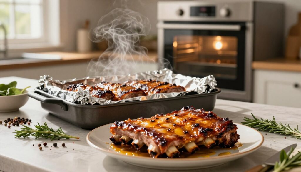 A beautifully arranged kitchen scene showcasing the method of roasting pork ribs with foil and sleeves for enhanced flavor. In the foreground, a plate of succulent, caramelized ribs glistens with a rich, golden-brown glaze, surrounded by fresh herbs and spices. The middle ground features a roasting pan lined with shiny aluminum foil, with steam rising as the ribs cook inside. In the background, a modern oven is gently illuminated, emphasizing a warm, inviting atmosphere. The lighting is soft and natural, resembling late afternoon light coming through a window, creating a cozy ambiance. The scene evokes a sense of culinary expertise and home-cooked warmth, inviting the viewer to explore the rich, aromatic possibilities of roasting.