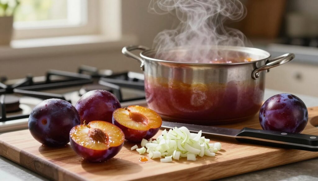 A beautifully arranged kitchen scene showcasing the preparation of a plum and onion base for a rich sauce. In the foreground, a wooden cutting board with fresh, glossy plums halved, their vibrant purple skin contrasted by the golden flesh, beside finely chopped onions glistening with moisture. A sharp knife rests next to the ingredients. Moving to the middle ground, a sturdy pot on a stove with steam rising gently, filling the air with an inviting aroma. In the background, warm, ambient lighting emanates from a window, casting soft shadows, enhancing the cozy and elegant atmosphere of home cooking. The image captures the essence of culinary artistry, with a focus on textures and colors that highlight the fresh ingredients.