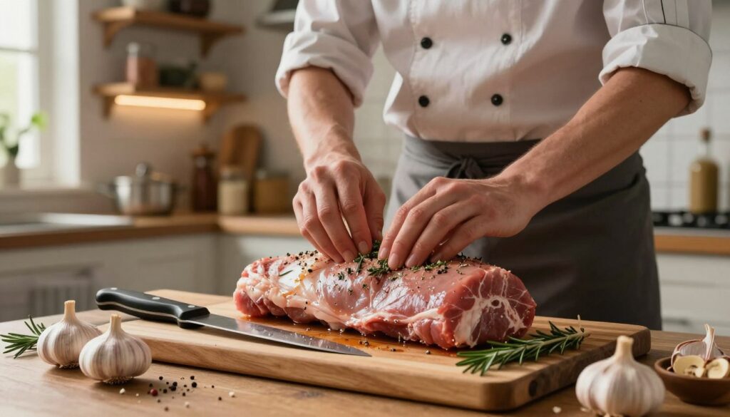 A beautifully arranged kitchen scene showcasing the preparation of meat for roasting. In the foreground, a wooden cutting board holds a raw pork loin, seasoned with herbs and spices, alongside fresh garlic and rosemary sprigs. A sharp knife glistens with moisture. In the middle ground, a chef in modest casual attire, focused and skilled, gently massaging the marinade into the meat with concentration. The backdrop features shelves filled with cookware and spices, softly lit by warm, inviting kitchen lights illuminating the scene. A window reveals soft daylight filtering in, adding a fresh ambiance. The overall mood is serene and meticulous, capturing the essence of culinary preparation for a perfect roast.
