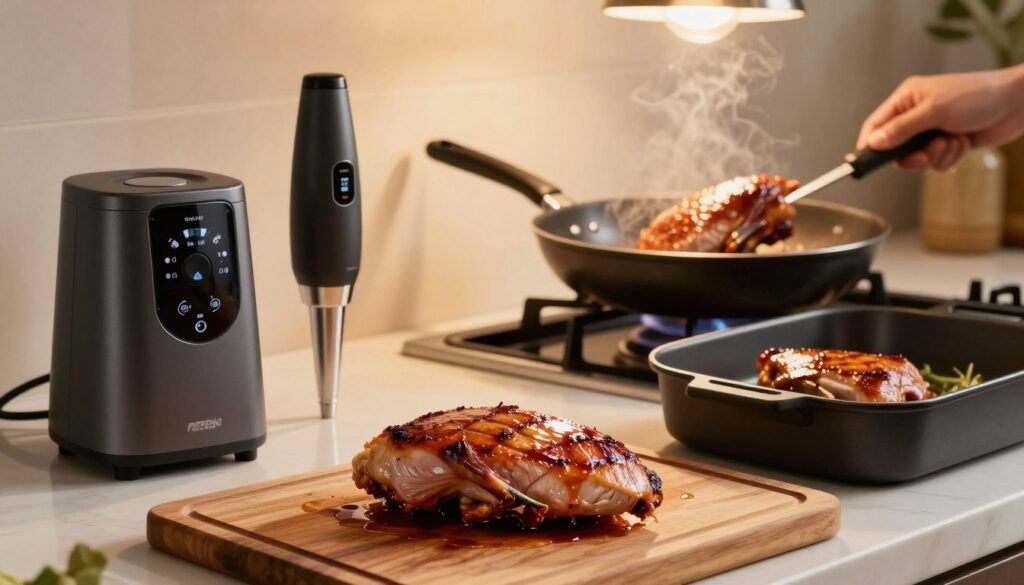 A beautifully arranged kitchen scene showcasing various techniques for cooking duck, specifically focusing on the thermal processing methods. In the foreground, a perfectly seared duck breast rests on a wooden cutting board, glistening with a rich marinade. Nearby, there are an assortment of cooking tools like a sous-vide immersion circulator and a roasting pan, illustrating different cooking methods. The middle ground features a stovetop with a skillet, where another duck breast is searing, emitting a savory aroma. The background has soft, warm lighting from overhead fixtures, casting a gentle glow on the scene, enhancing the appetizing aspect of the dish. The atmosphere feels sophisticated, reflecting an elegant culinary experience.