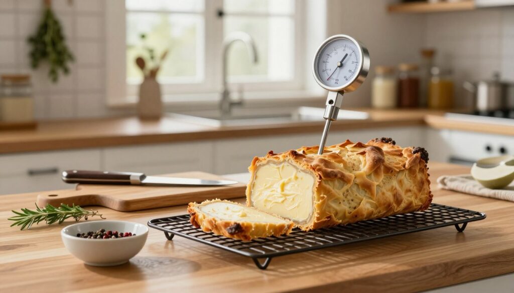 A beautifully arranged kitchen setting focused on a freshly baked pâté cooling on a wooden countertop. In the foreground, a stainless steel meat thermometer inserted into the pâté, showing a perfect internal temperature, symbolizes readiness. A small bowl of aromatic herbs and spices sits beside it, hinting at flavor. The middle ground features a cutting board with a knife and a slice of pâté, revealing its creamy texture. In the background, soft natural light filters through a window, illuminating a tidy kitchen with cozy, rustic elements like hanging herbs and jars of condiments. The atmosphere is warm and inviting, evoking a sense of home and culinary comfort. Ensure the scene is devoid of text or any branding elements for a clean presentation. A beautifully arranged kitchen setting focused on a freshly baked pâté cooling on a wooden countertop. In the foreground, a stainless steel meat thermometer inserted into the pâté, showing a perfect internal temperature, symbolizes readiness. A small bowl of aromatic herbs and spices sits beside it, hinting at flavor. The middle ground features a cutting board with a knife and a slice of pâté, revealing its creamy texture. In the background, soft natural light filters through a window, illuminating a tidy kitchen with cozy, rustic elements like hanging herbs and jars of condiments. The atmosphere is warm and inviting, evoking a sense of home and culinary comfort. Ensure the scene is devoid of text or any branding elements for a clean presentation.