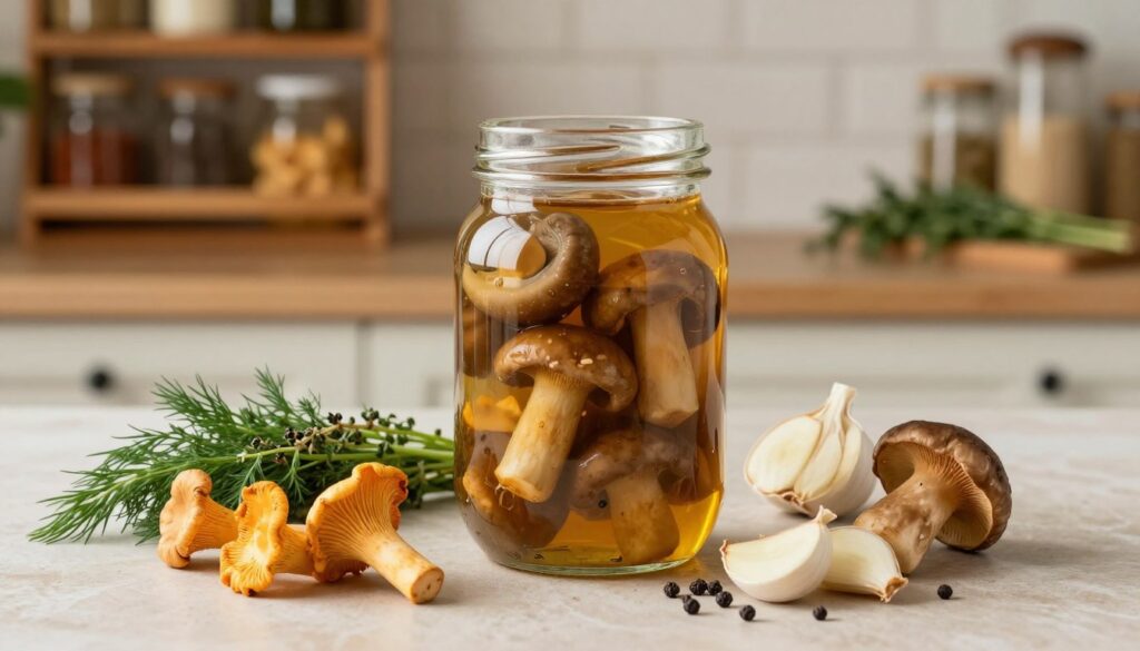 A beautifully arranged kitchen table showcasing an elegant glass jar filled with mushrooms marinated in a rich, golden-brown vinegar solution. The foreground features fresh, plump mushrooms, such as chanterelles and porcini, alongside sprigs of fragrant herbs like dill and thyme. In the middle, the focus is on the jar, with slices of garlic and whole black peppercorns artfully scattered around, enhancing the rich colors of the marinade. The background includes soft, warm lighting illuminating rustic wooden shelves lined with spices and herbs, creating a cozy, inviting atmosphere. The image captures the essence of perfect proportions for mushroom pickling, evoking a sense of homely warmth and aromatic delight, ideal for culinary enthusiasts.