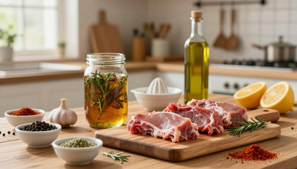 A beautifully arranged kitchen workspace showcasing various techniques for marinating meat. In the foreground, a wooden cutting board displays freshly cut pieces of meat, surrounded by an array of colorful spices in small bowls—black pepper, garlic, rosemary, and paprika. In the middle ground, a glass jar filled with a marinade mixture, glistening with herbs, sits next to a bottle of olive oil and a citrus juicer, conveying the process of preparation. The background features a subtle glimpse of a warm, rustic kitchen with wooden shelves and hanging utensils, bathed in soft, natural light streaming through a window, evoking a cozy and inviting atmosphere. Focus on creating an inspiring scene that captures the essence of home marinating techniques, emphasizing freshness and quality ingredients.