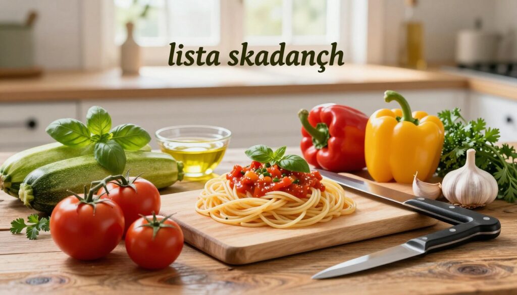 A beautifully arranged "lista składników" for a vegetable pasta sauce, placed on a rustic wooden table. In the foreground, vibrant seasonal ingredients like ripe tomatoes, fresh zucchini, colorful bell peppers, and fragrant herbs such as basil and parsley. Surrounding these ingredients, a light-colored cutting board and a sharp kitchen knife, suggesting preparation. In the middle background, a softly lit kitchen setting with sunlight filtering through a window, illuminating the ingredients and creating a warm atmosphere. A delicate bowl holds olive oil and a few cloves of garlic. The overall mood is fresh, inviting, and ideal for a light meal, evoking a sense of homemade comfort.