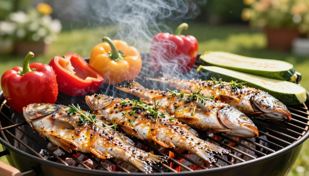 A beautifully arranged outdoor barbecue scene featuring a selection of marinated fish, artistically placed on a grill. In the foreground, succulent pieces of fish glistening with a flavorful marinade, enhanced by a light sheen of oil and herbs. Woven amidst the fish, sprigs of fresh herbs add a burst of green. In the middle, an inviting charcoal grill adorned with smoke, suggesting the cooking process. Surrounding the grill, vibrant vegetables like bell peppers and zucchini await their turn. In the background, a sun-drenched, serene garden setting with blurred greenery, hinting at a tranquil summer day. Soft, warm lighting enhances the colors, creating a lively and inviting atmosphere, all captured with a slight overhead angle to emphasize the delicious marinated dishes.