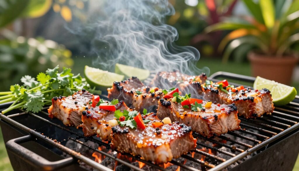 A beautifully arranged outdoor scene featuring marinated pork neck on a grill, radiating with exotic spices and vibrant colors. In the foreground, focus on juicy, grilled pork slices glistening with a marinade featuring colorful ingredients like paprika, coriander, and garlic. The middle ground shows a sizzling grill with smoke curling up, surrounded by fresh herbs such as cilantro and lime wedges for garnish. The background is a lush garden filled with tropical plants and warm sunlight filtering through, creating a welcoming atmosphere. The scene is captured at a slightly low angle to emphasize the textures of the meat and grill, with soft, natural lighting highlighting the vivid colors and inviting aroma of the marinade. This image conveys a sense of culinary adventure and summer joy.